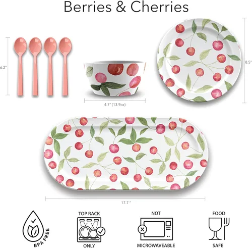 Vista 3 de Cuchara de postre de melamina de bayas y cerezas - Coral - Juego de 4