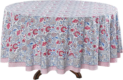 Vista 7 de Ridhi Mantel redondo estampado a mano color rosa flamenco 110 pulgadas 100%