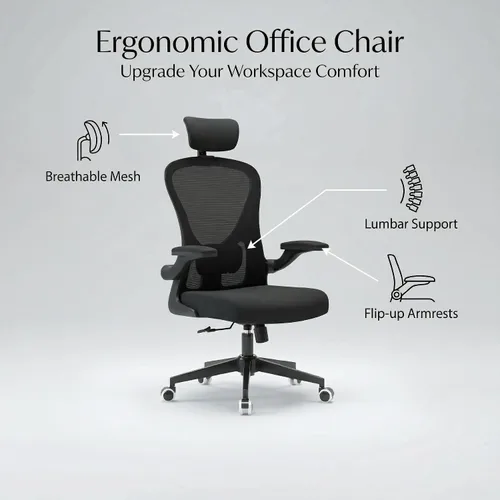 Vista 8 de Silla de oficina cómoda con respaldo alto y malla transpirable 350LBS Capacity Ergonomic Office Chair with Adjustable Lumbar Support & Flip-Up