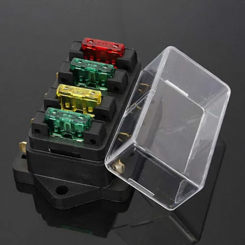 Vista 2 de Caja de fusibles de hoja de 4 vías, bloque para automóvil, furgoneta, motocicleta, barco, caja de fusibles de metal universal para fusibles de hoja