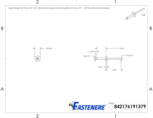 Vista 2 de Remaches Pop de Brida Grande - 1/8" x 1/2" (50 piezas) Resistentes, de Extremo Abierto, Aluminio Resistente a la Corrosión, Alta Resistencia a