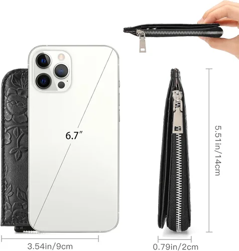 Vista 4 de GAEKEAO Cartera pequeña porta tarjetas de crédito para mujeres RFID de cuero delgada tipo pulsera con llavero y bolsillo con cremallera, Negro
