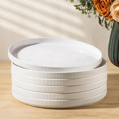 Vista 7 de theterra Juego de 6 platos llanos de cerámica de 10.25 pulgadas, vajilla de cerámica para cocina, horno y microondas y lavavajillas, color beige