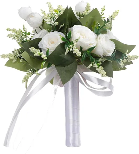 Vista 3 de EUBUY Ramos de boda para dama de honor, rosas artificiales blancas de 10.2 pulgadas, juego de ramos de seda de la serie Forest con lazo de cinta