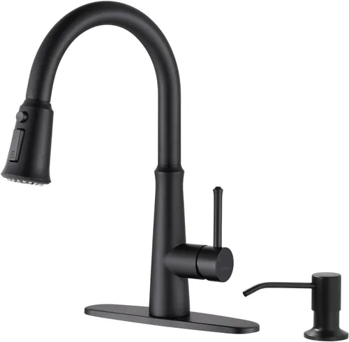 Vista 10 de WOWOW Grifos de cocina negro mate con rociador extraíble, grifo de fregadero de cocina de acero inoxidable para fregaderos de 1 o 3 agujeros, grifo
