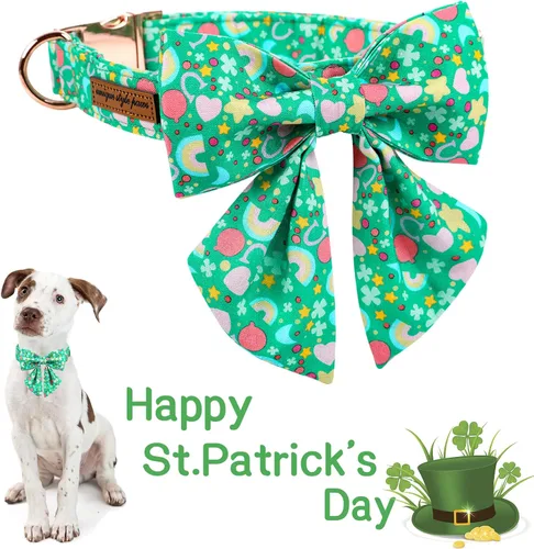 Vista 3 de Unique style paws Collar de perro del día de San Patricio con corbata, collar de cachorro de corazón de trébol de arco iris para niños pequeños