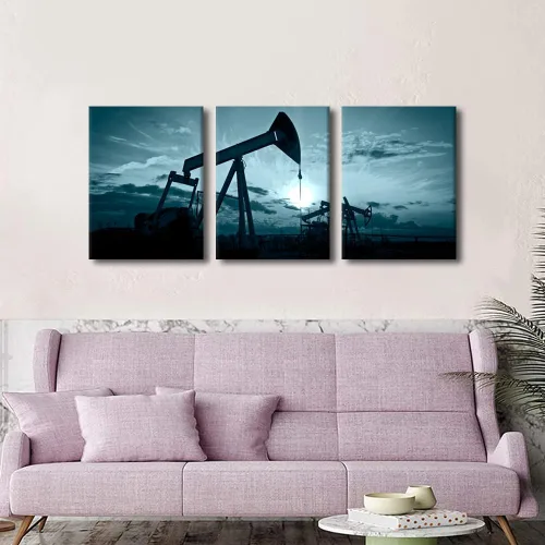 Vista 4 de TUMOVO Bombas de aceite en la puesta de sol para dormitorio, industria de petróleo y gas, pinturas de pared de 3 piezas de arte de pared de petróleo