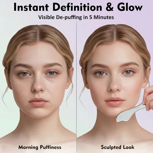 Vista 4 de Juego de rodillo facial de acero inoxidable 3 en 1 y Gua Sha – Herramientas de masaje facial de enfriamiento para esculpir, deshinchar y definir