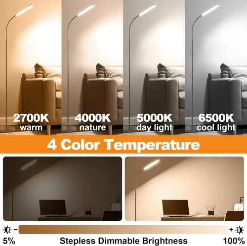 Vista 3 de marctronic Lámpara de pie LED gris, 18W 1800LM Lámparas de pie brillantes con control remoto y funciona con enchufe inteligente, luz de lectura Gris