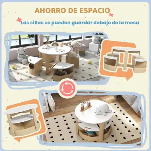 Vista 4 de Qaba Juego de mesa y sillas para niños pequeños, 5 piezas, mesa redonda de Almacenamiento, Juego, Arte, Manualidades, Dibujo, Sala de juegos, Aula