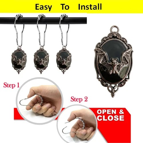 Vista 6 de Juego de 12 anillos de ganchos para cortina de ducha, murciélagos vampiros góticos, suministros para fiesta de Halloween, decoración de casa Fondo