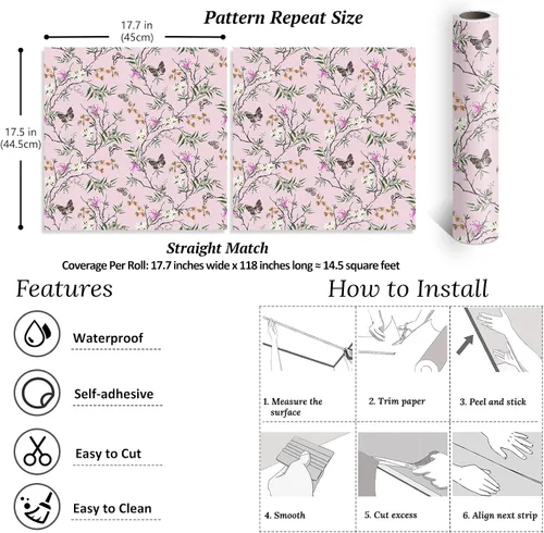 Vista 8 de VEELIKE Papel tapiz de estilo chinoiserie rosa con diseño de mariposas para dormitorio, habitación de niñas, 17.7 x 118 pulgadas, papel de contacto