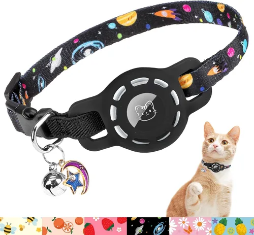 Vista 11 de BINGPET AirTag - Collar de gato con campanas, collar elástico de seguridad mejorado con soporte para collar de gato Airtag, collares de gato