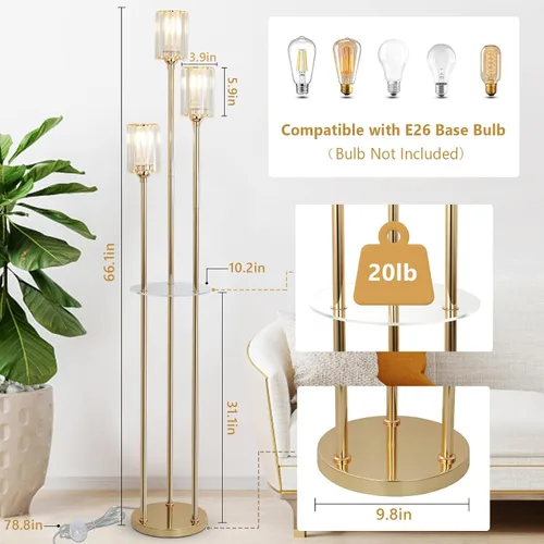 Vista 6 de HMVPL Lámparas de pie doradas para sala de estar, lámpara de pie moderna con estantes, lámparas de pie de cristal con mesa, lámpara alta de latón