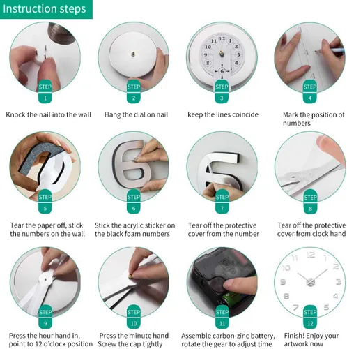 Vista 6 de AILILIFE Reloj de pared 3D DIY con adhesivo para decoración de espejo, sin marco, kit de reloj de pared grande para el hogar, sala de estar Plateado