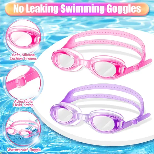 Vista 3 de 8 Pack Kids Swim Caps for Girls, Silicone Swimming Cap for Age 6-14 with Goggles Ear Plug Nose Clip for Children Boys Girls