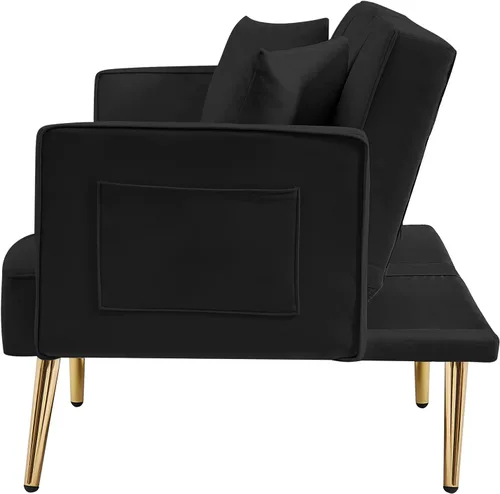 Vista 7 de Sofá cama biplaza de terciopelo con 2 bolsillos, sofá cama convertible tapizado con respaldo ajustable múltiple, sofá futón con patas de metal