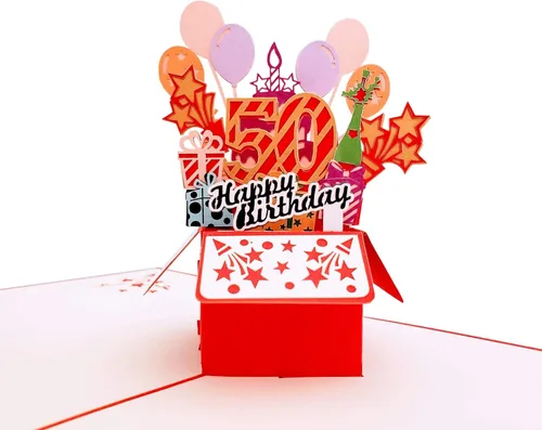 Vista 2 de iGifts And Cards Tarjeta de felicitación emergente 3D con caja de fiesta de cumpleaños número 50 color rojo – Cincuenta, impresionante, globos
