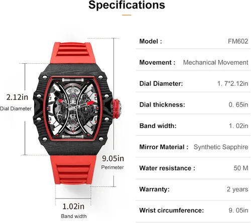 Vista 8 de FEICE FM602 - Reloj de pulsera automático para hombre, cristal de zafiro, movimiento japonés, esqueleto, automático, reloj mecánico automático