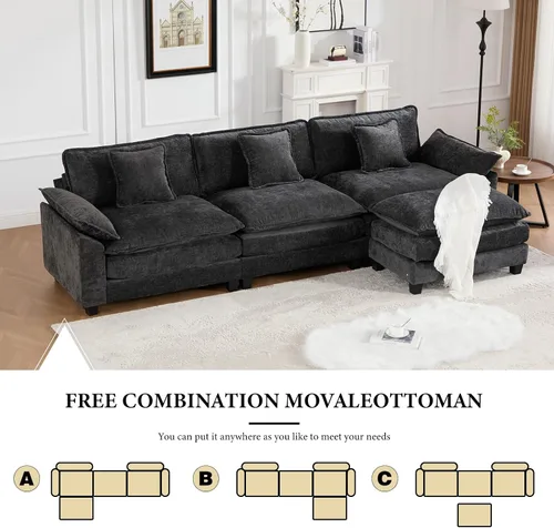 Vista 243 de Sofá seccional modular verde de 111.5", sofás seccionales grandes de 3 plazas para sala de estar, sofá nube oversized de tela chenille con otomana