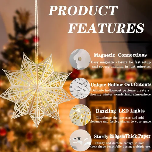 Vista 4 de 10 piezas de linternas de copo de nieve de papel de Navidad, grandes linternas de papel de estrella de Navidad con luces LED, adornos blancos