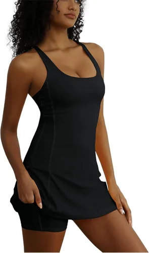 Vista 4 de Topcloset Vestido de tenis para mujer, vestido de entrenamiento con brasier integrado y pantalones cortos, bolsillos, vestido atlético para hacer