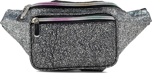 Vista 2 de C.T.Soarsky - Riñonera holográfica arcoíris negra, grava, oro, rosa, diseño de tiburón para mujeres, niñas, festival, fiesta rave, viaje, Negro