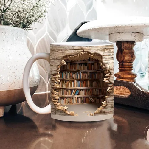 Vista 4 de Taza de estantería 3D, tazas de biblioteca, taza de café para amantes de los libros, taza de cerámica con diseño creativo del espacio para mujeres