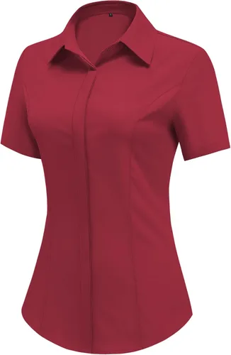 Vista 7 de HOTOUCH Camisas de manga corta con botones para mujer, blusa con cuello ajustado, blusa básica de verano para oficina, tallas S-2XL