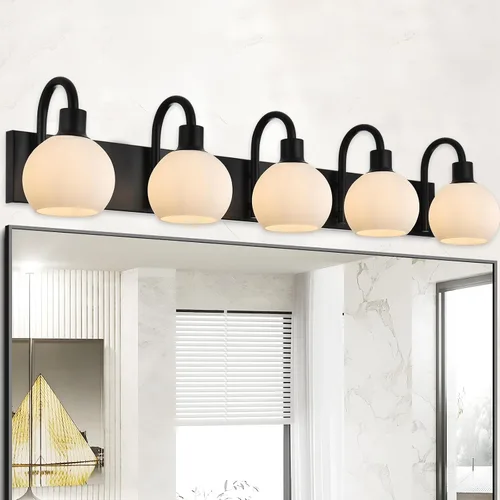 Vista 19 de Luz de tocador de baño con vidrio esmerilado en forma de globo de 2 luces, aplique de pared industrial negro para vestíbulo o pasillo