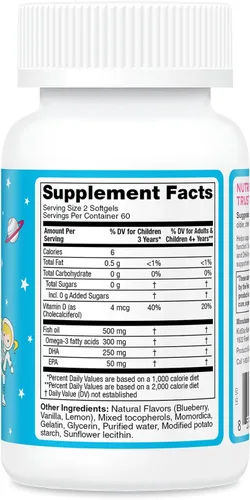 Vista 2 de KidStar Nutrients Omega 3 con vitamina D3, alto contenido de DHA, arándano limón, 120 cápsulas blandas masticables