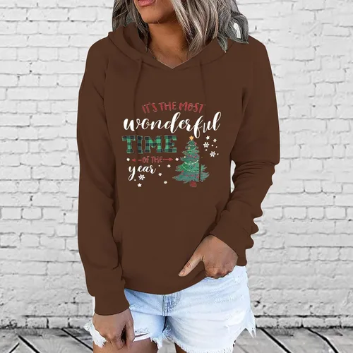 Vista 2 de Sudadera para mujer, ropa de Navidad, de manga larga, cuello redondo, ligera, a la moda, con capucha recortada