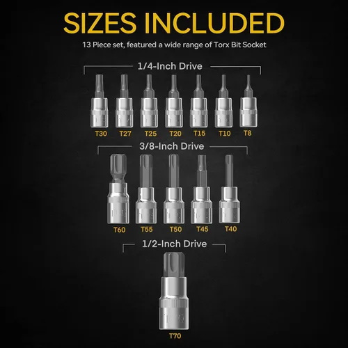 Vista 2 de Torx Star Bit Socket Set, 1/2" 3/8" 1/4" Drive, T8 - T70, S2 y Cr-V Acero, 13 piezas