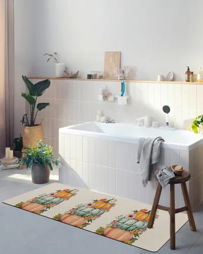 Vista 5 de Tapete de baño de calabaza de cosecha para bañera, antideslizante, de secado rápido y absorbente, tierra de diatomeas, ducha, fregadero, dormitorio