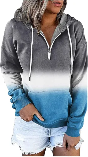 Vista 5 de Sudadera con capucha y media cremallera para mujer, con cordón, atlética, moderna, con bolsillo frontal, manga larga, para otoño