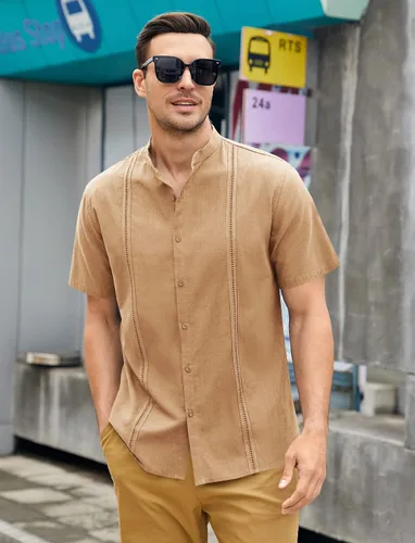 Vista 5 de Ryannology Camisas guayabera de lino de manga corta con botones para hombre, estilo casual, playa, campamento cubano, camisa mexicana para hombre
