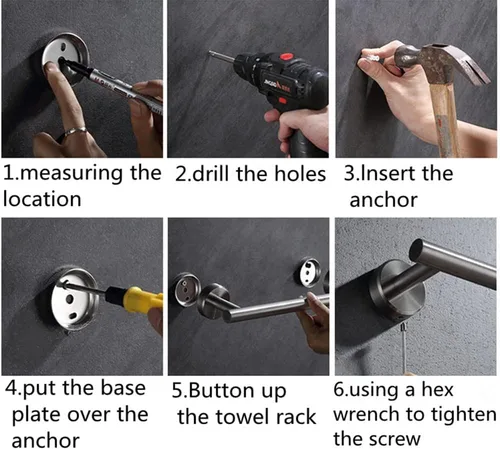 Vista 6 de szhdxsy - Juego de 6 accesorios de baño, toallero de acero inoxidable SUS 304 montado en la pared, incluye toallero de 16 pulgadas, soporte