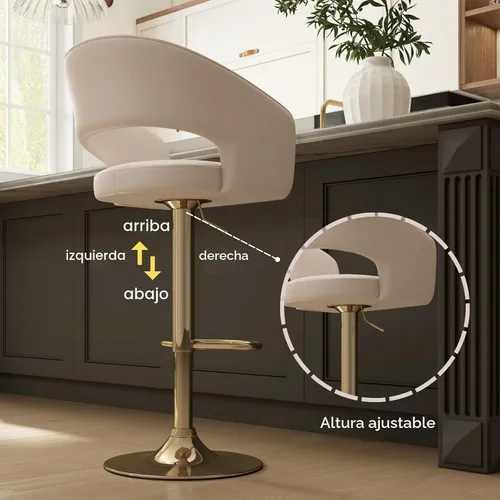 Vista 4 de Hyfirm Juego de 2 modernas sillas de bar de cocina con base cromada dorada, taburetes de bar giratorios ajustables con respaldo y reposapiés Beige