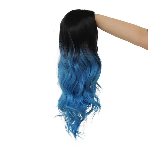 Vista 6 de Tseses Pelucas largas y onduladas de color azul degradado para mujer, pelucas de cabello sintético con raíces oscuras, cosplay, fiesta de Halloween