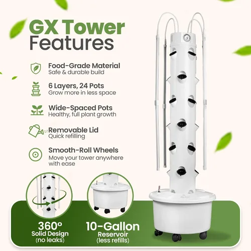 Vista 4 de Torre Hidropónica GX Torre Plantadora Vertical Kit de Sistema de Cultivo Hidropónico Grado Alimentario con 24 Macetas de Red