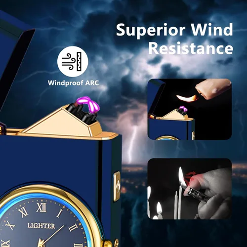 Vista 2 de Encendedor USB recargable a prueba de viento con llama de arco doble, luz LED, pantalla fresca, diseño duradero, ideal para camping, senderismo