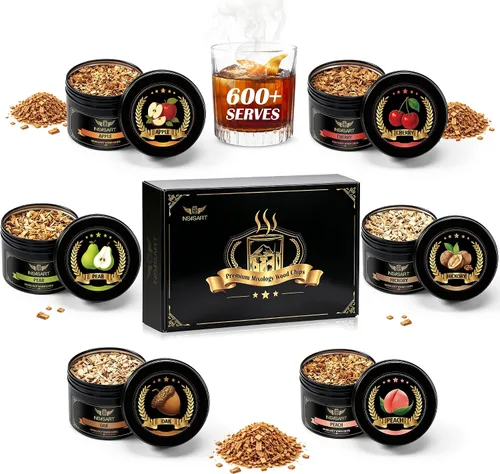 Vista 8 de INSISART Chips de madera para ahumar whisky, 6 sabores de manzana, cereza, roble, pera, durazno, nogal, chips naturales para cócteles, anticuado