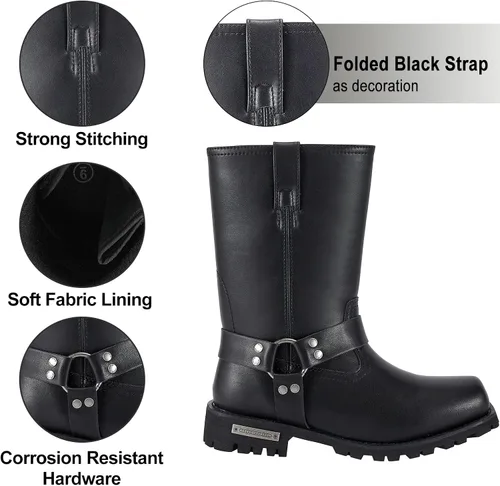 Vista 3 de Dream Apparel Botas de motocicleta con arnés de 11 pulgadas para hombre, botas de motociclista con punta cuadrada, botas de motociclista
