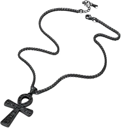 Vista 6 de Collar con colgante de cruz de Ankh chapado en acero inoxidable, oro y negro, para hombres y mujeres, con cadena de trigo, joyería religiosa