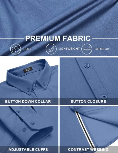 Vista 4 de COOFANDY Camisa casual con botones para hombre, camisa de vestir de mezclilla elástica de manga larga