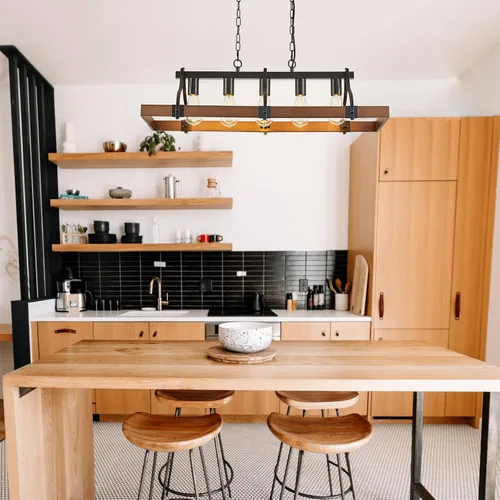 Vista 4 de Candelabros de granja para comedor, lámpara rústica de isla de cocina de 5 luces, techo rectangular industrial industrial negro