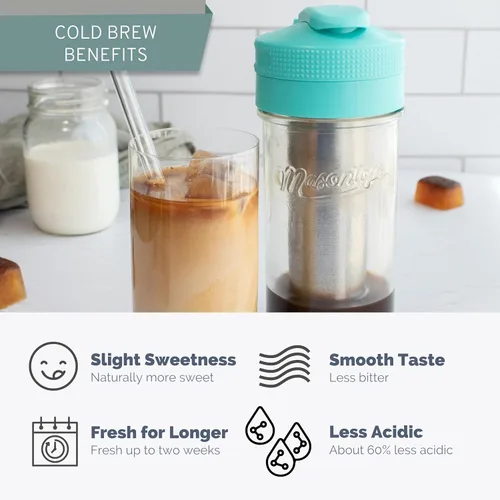 Vista 10 de Masontops Kit para preparar café frío – Cafetera helada de lujo con jarra de vidrio y filtro de malla de acero inoxidable – Sistema de nevera fácil