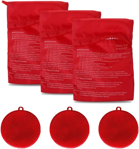 Vista 8 de Paquete de 3 bolsas de papas para microondas, con 3 cepillos de silicona para limpiadores de verduras, bolsa de papas horneadas reutilizable y Azul