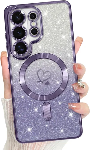 Vista 440 de Bonoma - Funda compatible con Samsung Galaxy S21 Plus, diseño de corazón con purpurina, color rosa Support for MagSafe, Plating Magnetic Case TPU