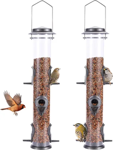 Vista 15 de MIXXIDEA 1PK Alimentadores de pájaros metálicos con 6 puertos de alimentación, alimentador de pájaros de tubo con colgador de acero, alimentador